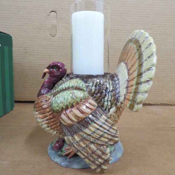 Dept 56 Turkey Large Centerpiece Hurricane Pillar Candle Holder Thanksgiving IOB - Picture 3 of 12